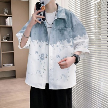 2026夏季漸變港風短袖翻領襯衫男士潮流寬鬆休閒外套半袖衣服襯衣