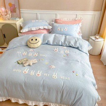 床上用品床單四件套夏季被套夏天被罩公主風藍色小清新ins水洗棉4