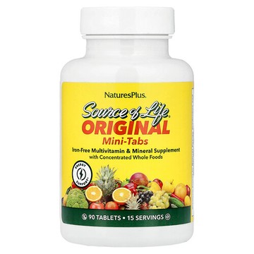 NaturesPlus, Source Of Life，多維生素和礦物質補充劑，不含鐵，90 片迷你片