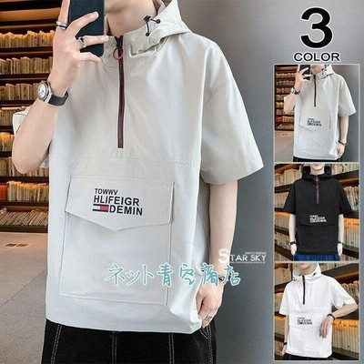 パーカー メンズ カジュアル 7分袖 五分袖 プルオーバーパーカー 半袖 夏用 サマー 切替 黒 通販 Lineポイント最大get Lineショッピング