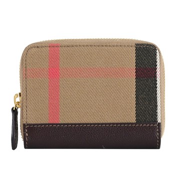 BURBERRY 8094133 格紋帆布皮革ㄇ字卡片零錢包.深咖邊