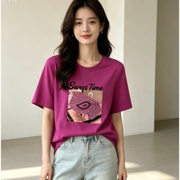 YP8651L_夏季新女2026百搭燙鑽寬鬆修身圓領短袖T卹氣質減齡上衣