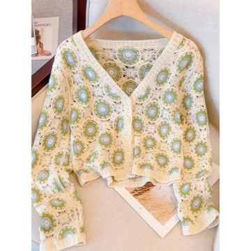 大牌撿漏~閉眼入~新款慵懶風鉤花鏤空V領針織開衫外套女薄款長袖