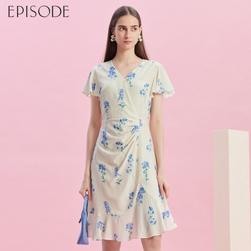 EPISODE - 輕柔舒適蠶絲印花短袖洋裝E43728（藍）