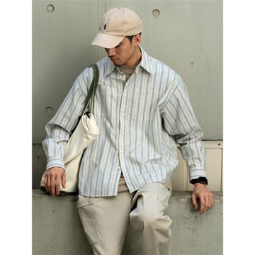 cityboy春秋日系復古條紋提花長袖襯衫男女情侶休閑寬松襯衣外套