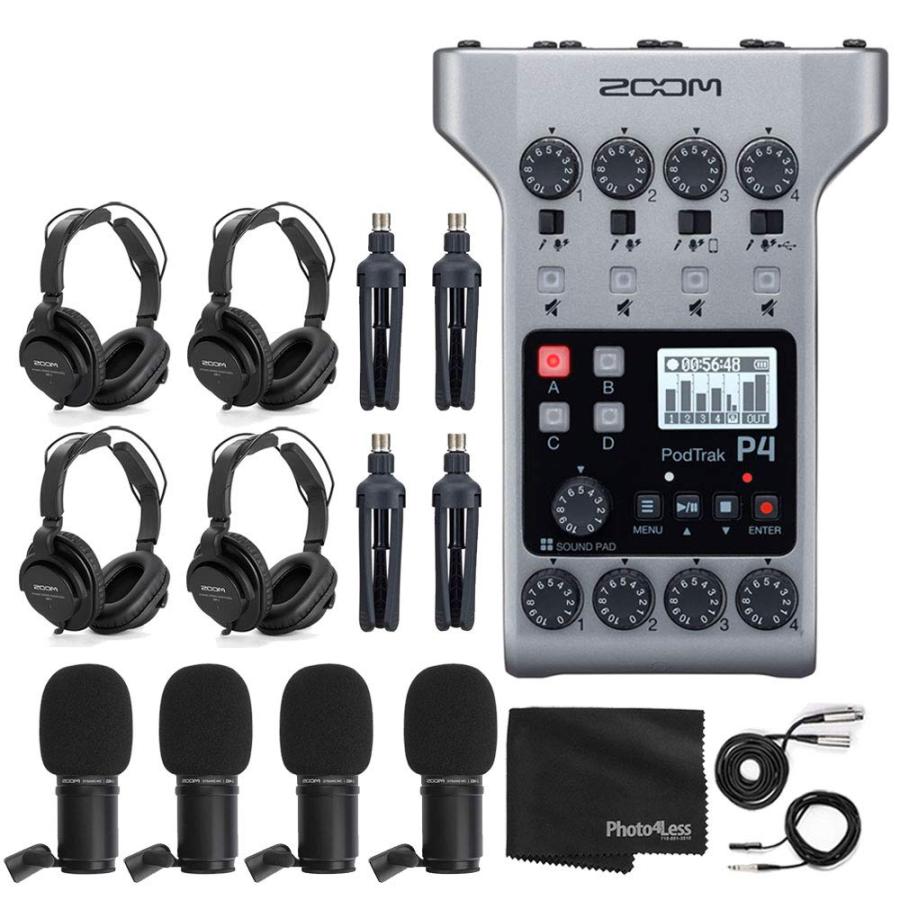 Zoom PodTrak P4 Portable Multitrack Podcast Recorder   4x Zoom M-1 Mic   4x Headphones   Windscreens   XLR Cables   4x Tabletop Stand   Cloth Pers