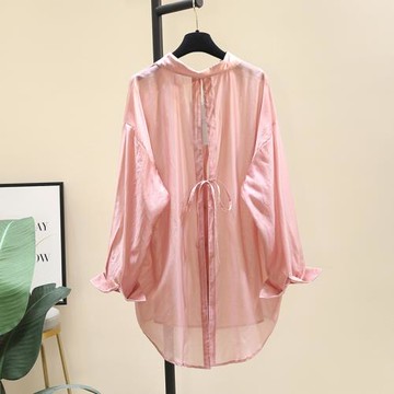 設計感系帶薄款粉色天絲防曬衣襯衫女夏2025新款韓版寬松襯衣上衣