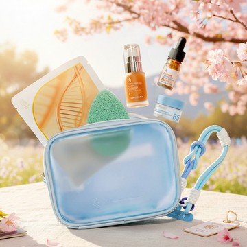 【新品】旅行洗漱收納包(全修護緊緻面膜1入+81酵素去黑頭潔顏露22ml+外泌體修復再生精華5ml+10%神經醯胺保濕修護霜10ml+親膚洗臉海綿(湖水綠))