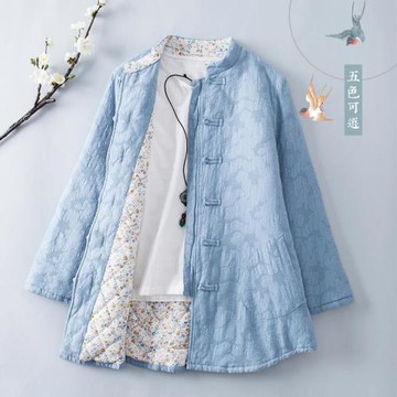 清裊復古中國風立領盤扣棉麻提花中長款棉衣女冬棉服棉襖大衣外套