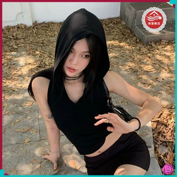 🎀連帽背心🎀美式辣妹露背連帽新款夏季修身吊帶性感無袖上衣背心黑色+小黑裙 SSXH