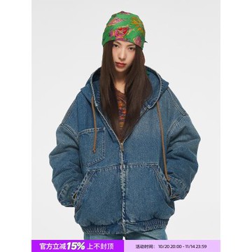 DNT/韓火火 新款美式復古街頭休閑風拉鏈連帽加棉牛仔外套2024冬