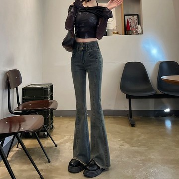 【FOH】牛仔褲 美式復古 微喇牛仔褲 毛邊牛仔褲 拖地褲 顯瘦長褲 水洗褲 馬褲 喇叭褲女 休閒長褲 高腰牛仔褲 修身