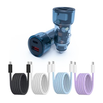 KooPin 極速60W 雙孔PD+QC 工業風 車用充電器+雙頭Type-C E-marker晶片 快充線(2M)