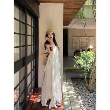 純欲露背掛脖吊帶連衣裙女夏季慵懶度假風長裙子荷葉邊寬松a字裙