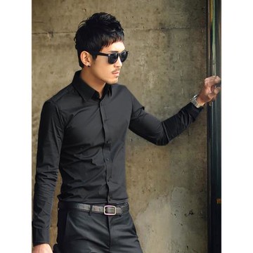 男士黑色那不勒斯教父襯衫男長袖青年休閑韓版修身帥氣婚禮襯衣男