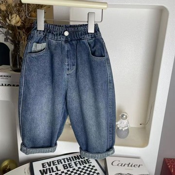 【臺灣出貨】秋冬上新男童牛仔褲 中小童韓版復古拼接條紋撞色寬鬆版牛仔長褲男寶寶休閒長褲哈倫褲潮 兒童衣服 兒童牛仔褲