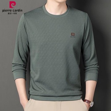 皮爾卡丹秋季高檔男士桑蠶絲長袖圓領T恤衛衣寬松休閑百搭打底衫