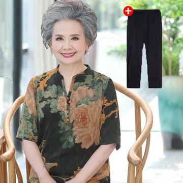 媽媽夏裝真絲短袖T恤老太太上衣奶奶兩件套裝中老年人女60-70歲80