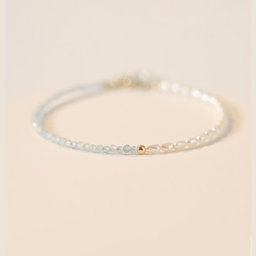 【半夏】海藍寶+天然淡水珍珠-3mm切面款水晶手鍊/水晶手串