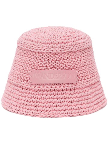 JW Anderson - logo-patch knitted bucket hat - unisex - Cotton/Polyurethane/CALFSKIN - One Size - Pink