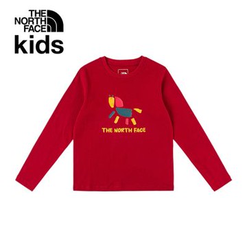 【The North Face 官方旗艦】新年款-北面兒童紅色純棉長袖上衣｜8DR1619