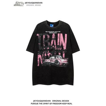 美式高街水洗做舊涂鴉印花短袖T恤男女寬松嘻哈oversize潮牌體恤t