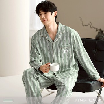 Pink Lady 晨霧青影 排扣 棉柔 成套睡衣 翻領 印花 寬版 長袖長褲 男款睡衣 居家服 3599