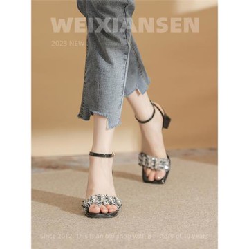 微先生露趾涼鞋女 粗跟方頭一字扣帶晚晚風涼鞋 黑色法式高跟鞋女