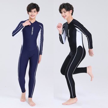 2025新款青少年學生中大胖童連體長袖長褲防曬專業訓練速干游泳衣