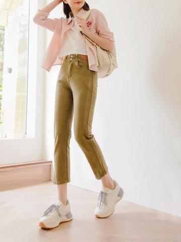 高含棉排釦彈力修身車線開衩九分長褲