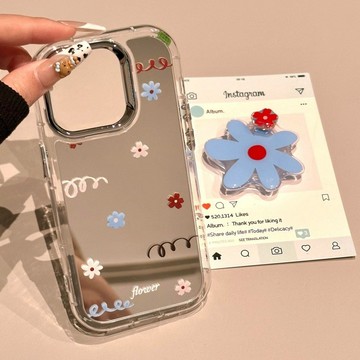 Ins花朵支架適用手機殼鏡面蘋果17promax時尚可愛花朵iphone16/15/14/13/12/11pro