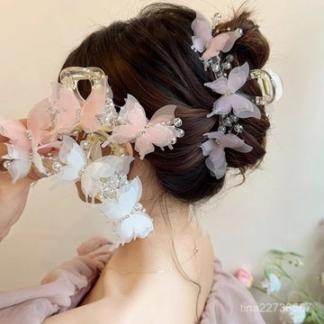 秋冬新款-蝴蝶抓夾女大號新款高級感甜美髮夾後腦勺盤髮夾子頭飾鯊魚夾 XZMM