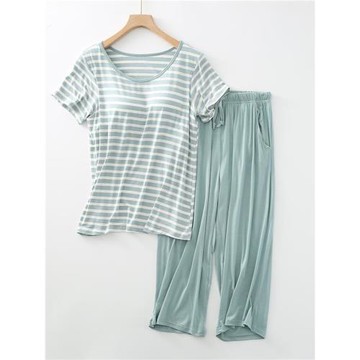 莫代爾女帶胸墊半袖罩杯一體條紋寬松版短袖睡衣七分褲家居服套裝