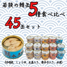 若狭の鯖缶5種食べ比べ45缶セット(味噌煮、しょうゆ、生姜入り、唐辛子入り、水煮)