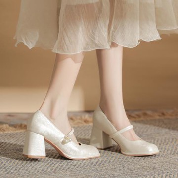 新中式高跟鞋女粗跟2024年春秋新款國風仙女配旗袍馬面裙瑪麗珍鞋