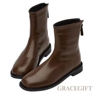 【Grace Gift】簡約格調方頭輕量低跟短靴 咖