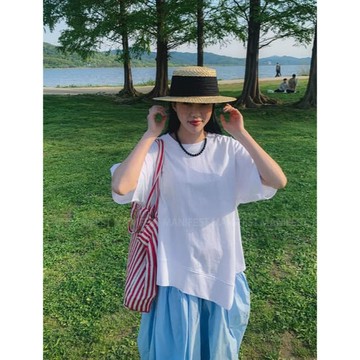 MANIFEST 正韓拼接下斜棉質上衣 春天新品 韓國女裝 棉T 五分袖 長板T 水洗上衣 快速出貨 現貨