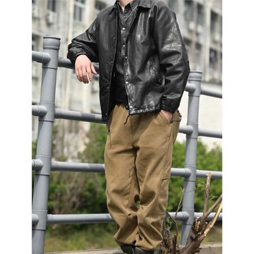 男裝美式復古寬松風教練服水洗舊化植鞣綿羊皮夾克真皮皮衣大碼