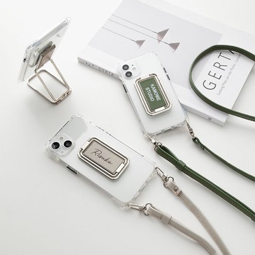 智能手機肩背多功能指環透明保護殼帶肩帶 [收縮皮革] 名字刻字垂直視頻兼容智能手機指環母親節 FS16K