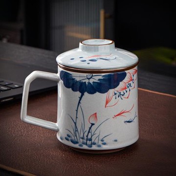 手繪荷花茶杯陶瓷帶手柄辦公杯大號茶水分離泡茶杯喝水杯子禮盒裝