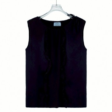 (L) prada質感棉質花邊設計無袖黑色上衣