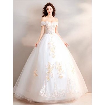 公主新娘一字肩修身婚紗禮服花朵
