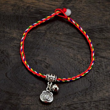 原創手工精編五彩繩苗銀福袋響鈴手鏈 女款復古民族風飾品