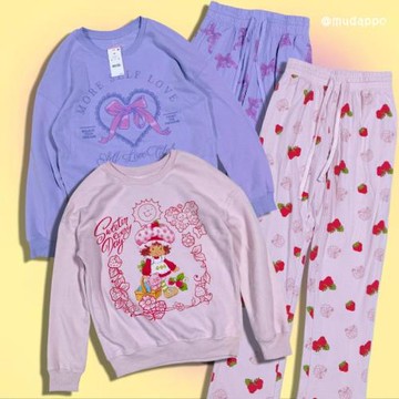 僅一批 美國單草莓少女蝴蝶結卡通家居服Y2K衛衣休閑褲子兩件套裝