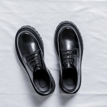 2023秋季圓頭厚底增高大頭皮鞋男士潮流系帶黑色粗跟正裝英倫男鞋