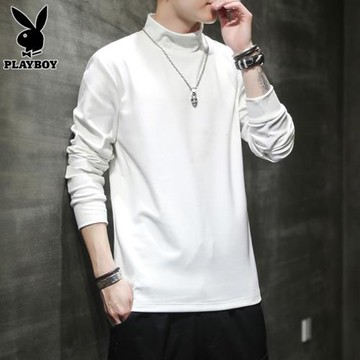 花花公子半高領長袖t恤男士德絨上衣服春季潮流休閑打底體恤衫男