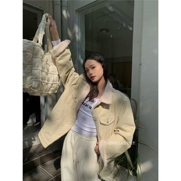 特價清倉！韓國東大門高級感羊羔毛加絨牛仔外套女寬松休閑上衣