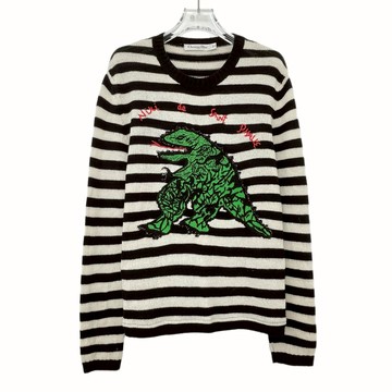 (M) dior質感羊毛條紋刺繡黑色長袖上衣