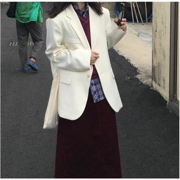 春秋新款ins潮韓版英倫風寬松休閑日系復古白色小西裝外套女