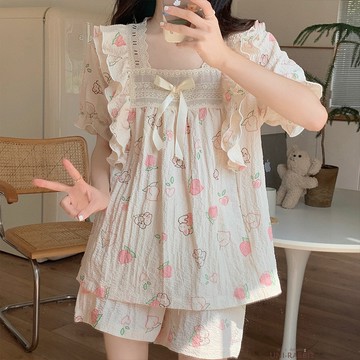 甜美蕾絲花邊公主風睡衣女夏季短袖短褲輕薄家居服兩件套居家女睡衣女士睡衣女士休閒睡衣夏季薄款睡衣女士寬鬆睡衣